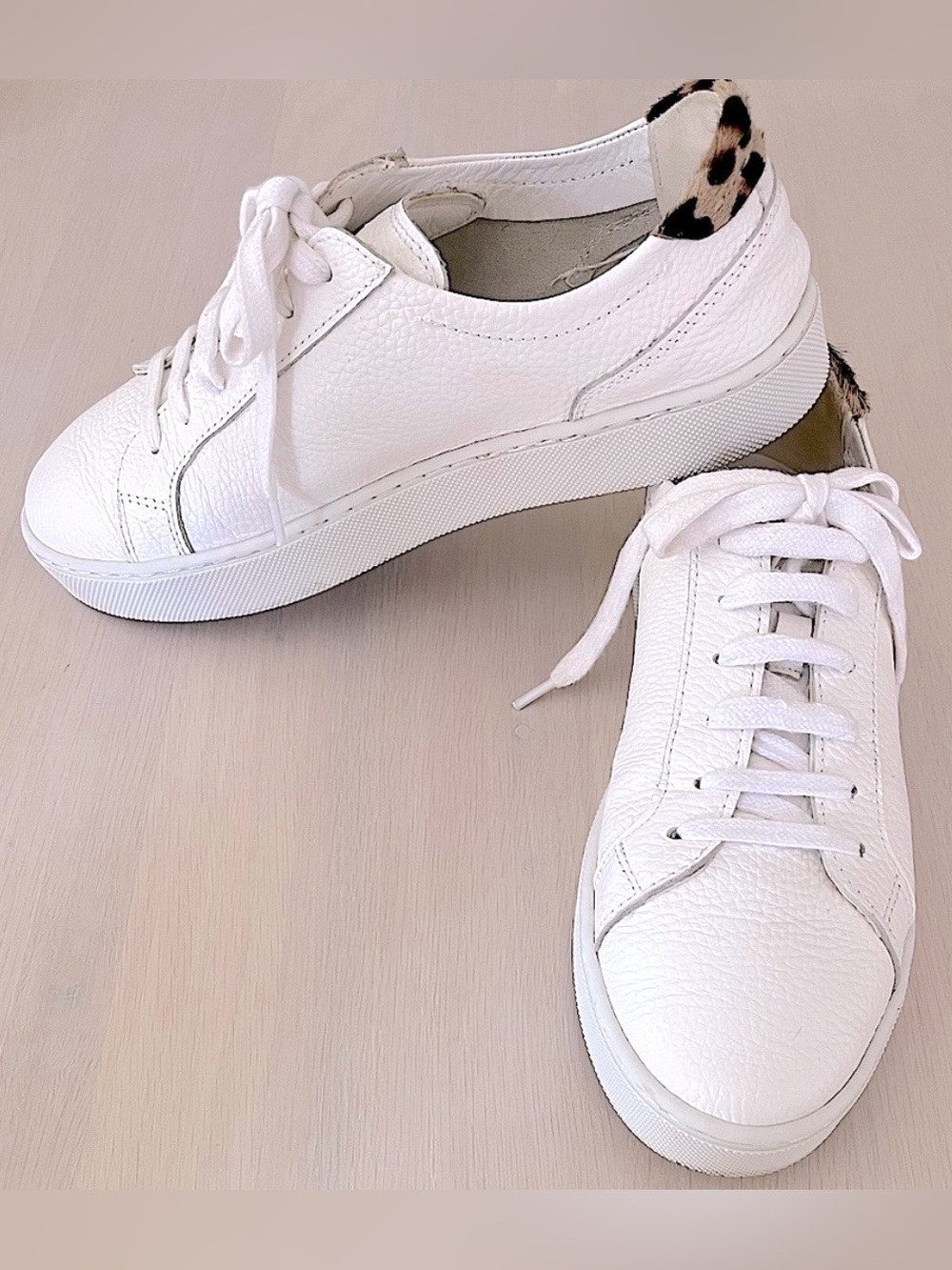 ZARA white leather platform sneakers with genuine cow hair leopard trim - Picture 1 of 8